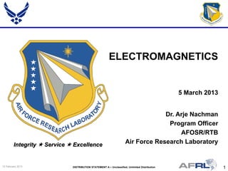 1DISTRIBUTION STATEMENT A – Unclassified, Unlimited Distribution15 February 2013
Integrity  Service  Excellence
Dr. Arje Nachman
Program Officer
AFOSR/RTB
Air Force Research Laboratory
ELECTROMAGNETICS
5 March 2013
 