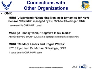 27DISTRIBUTION STATEMENT A – Unclassified, Unlimited Distribution
Connections with
Other Organizations
• ONR
MURI (U Maryland) “Exploiting Nonlinear Dynamics for Novel
Sensor Networks” managed by Dr. Michael Shlesinger, ONR
I serve on this ONR MURI panel
MURI (U Pennsylvania) “Negative Index Media”
Attended review of ONR (Dr. Mark Spector) NIM Metamaterials MURI
MURI “Random Lasers and Rogue Waves”
FY13 topic from Dr. Michael Shlesinger, ONR
I serve on this ONR MURI panel
 
