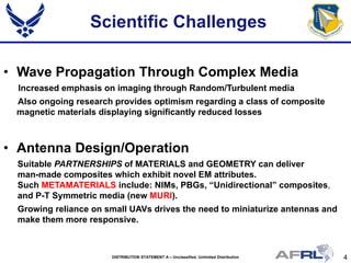 4DISTRIBUTION STATEMENT A – Unclassified, Unlimited Distribution
Scientific Challenges
• Wave Propagation Through Complex Media
Increased emphasis on imaging through Random/Turbulent media
Also ongoing research provides optimism regarding a class of composite
magnetic materials displaying significantly reduced losses
• Antenna Design/Operation
Suitable PARTNERSHIPS of MATERIALS and GEOMETRY can deliver
man-made composites which exhibit novel EM attributes.
Such METAMATERIALS include: NIMs, PBGs, “Unidirectional” composites,
and P-T Symmetric media (new MURI).
Growing reliance on small UAVs drives the need to miniaturize antennas and
make them more responsive.
 