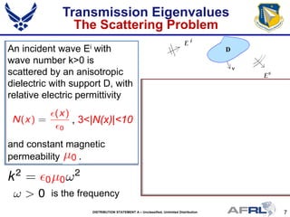 7DISTRIBUTION STATEMENT A – Unclassified, Unlimited Distribution
An incident wave Ei with
wave number k>0 is
scattered by an anisotropic
dielectric with support D, with
relative electric permittivity
, 3<|N(x)|<10
and constant magnetic
permeability .
is the frequency
Transmission Eigenvalues
The Scattering Problem
 