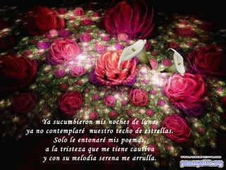 Ya sucumbieron mis noches de luna, ya no contemplaré nuestro techo de estrellas. Solo le entonaré mis poemas, a la tristeza que me tiene cautiva y con su melodia serena me arrulla.