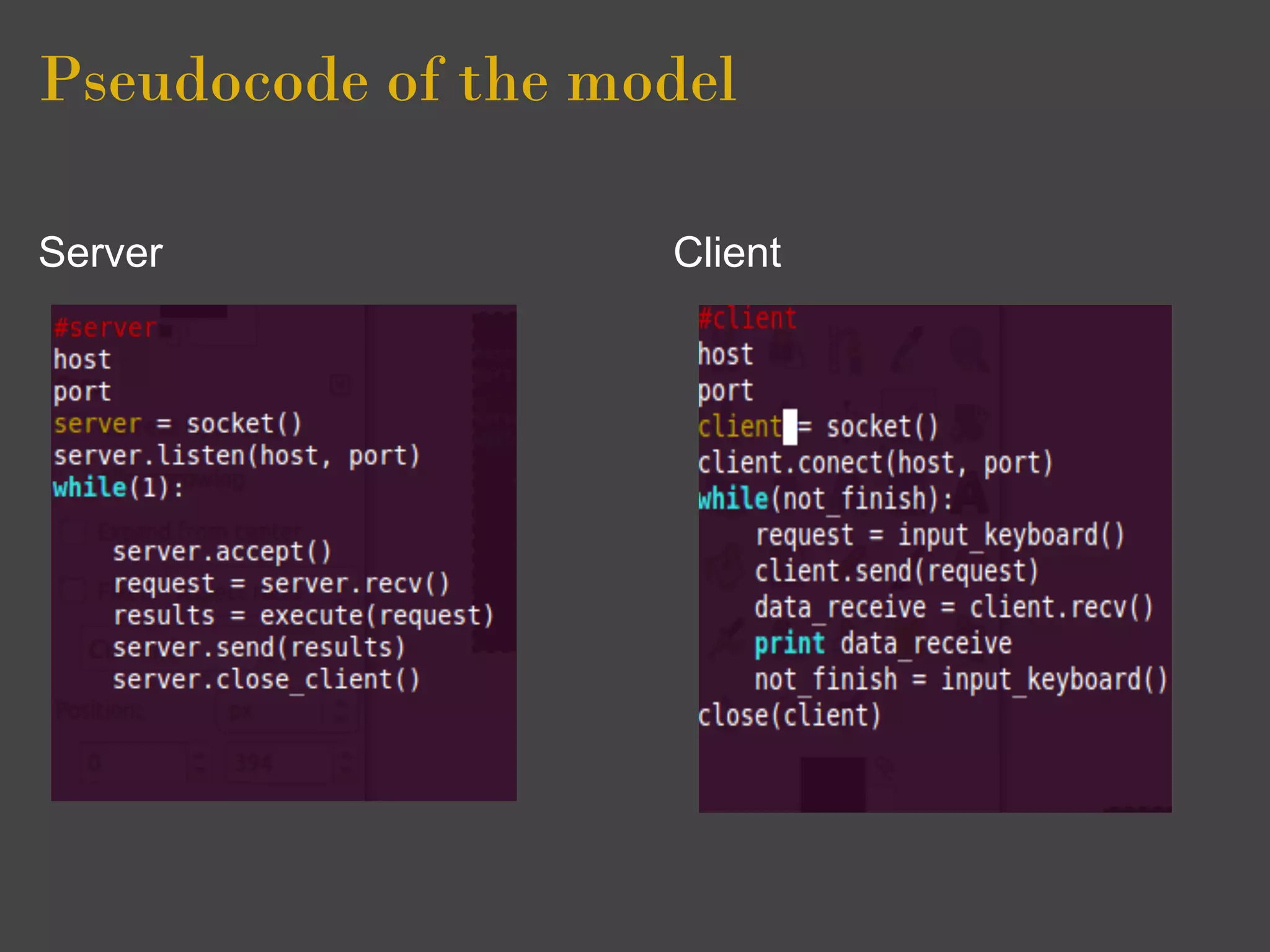 Pseudocode of the model

Server              Client
 
