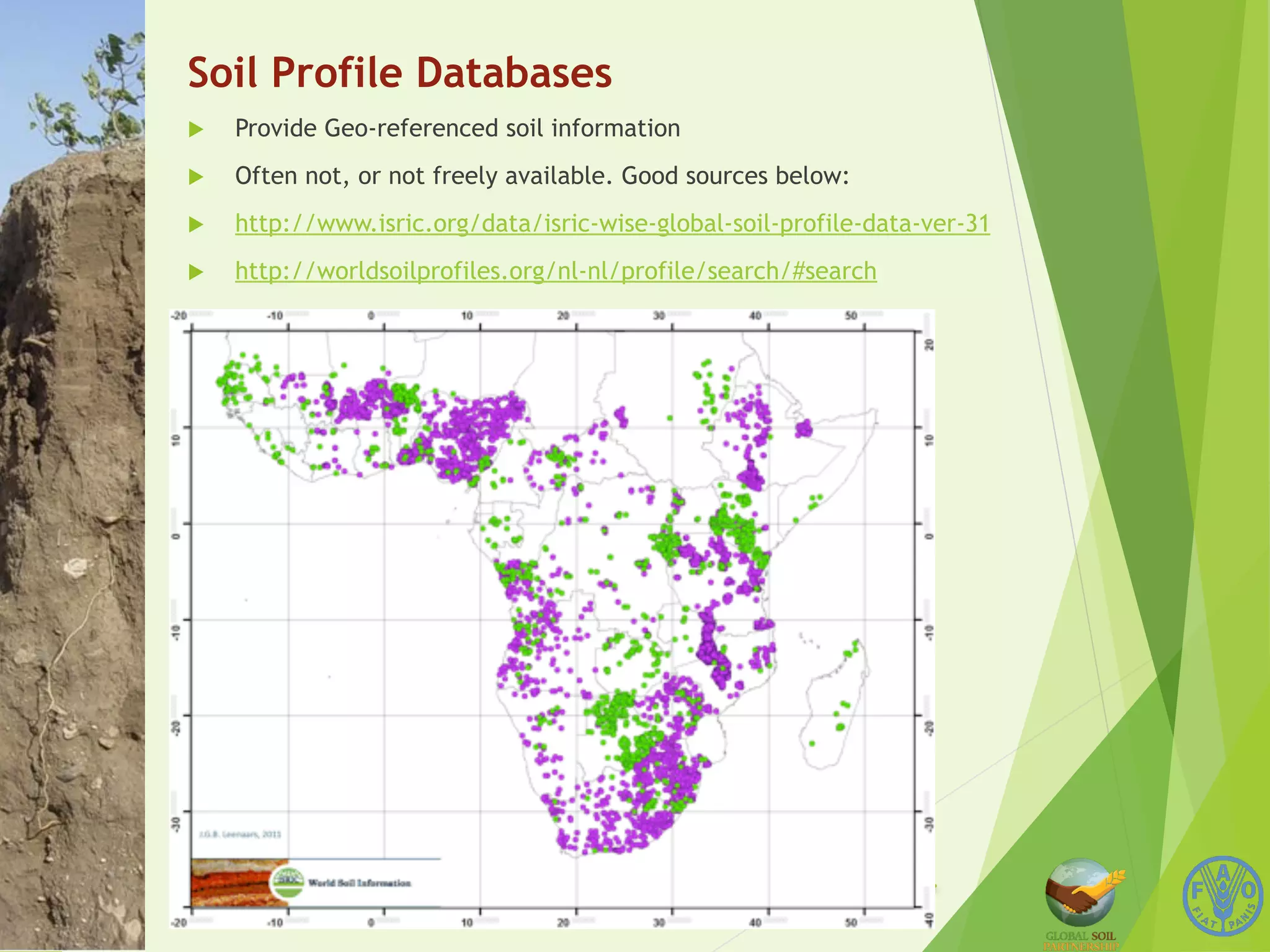 Soil Profile Databases 
u Provide Geo-referenced soil information 
u Often not, or not freely available. Good sources below: 
u http://www.isric.org/data/isric-wise-global-soil-profile-data-ver-31 
u http://worldsoilprofiles.org/nl-nl/profile/search/#search 
 