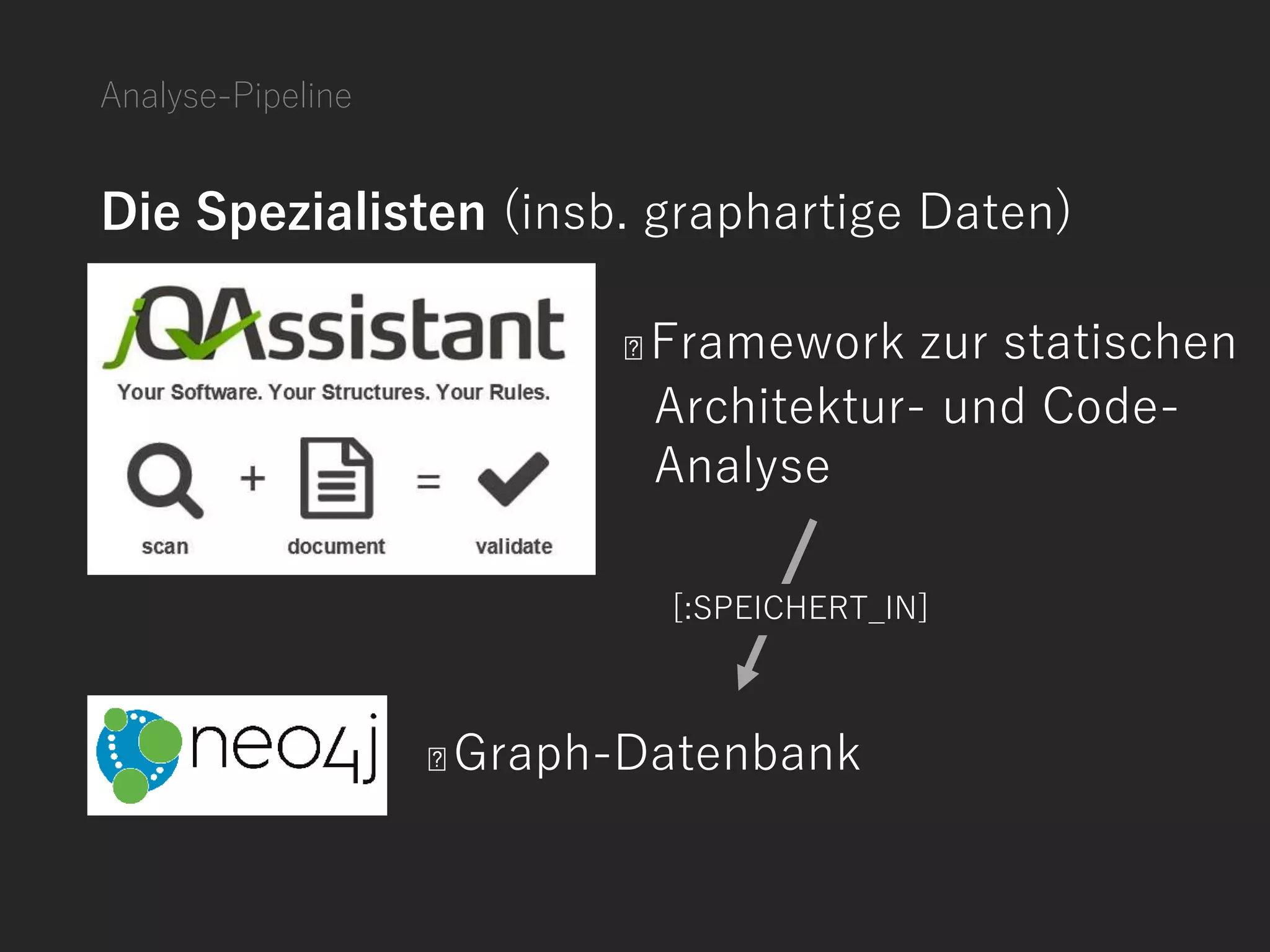 Die Spezialisten (insb. graphartige Daten)
Analyse-Pipeline
Framework zur statischen
Architektur- und Code-
Analyse
Graph-Datenbank
[:SPEICHERT_IN]
 