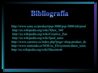 http://www.sony.es/product/psp-3000/psp-3000/tab/productbenefits http://es.wikipedia.org/wiki/Xbox_360 http://es.wikipedia.org/wiki/Creative_Zen http://es.wikipedia.org/wiki/Ipod_nano http://www.carstore.es/index.php?page=shop.product_details&product_id=468&flypage=flypage.tpl&pop=0&option=com_virtuemart&Itemid=53 http://www.nintendo.es/NOE/es_ES/systems/datos_tcnicos_1072.html http://es.wikipedia.org/wiki/Macintosh 