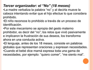 Tercer organizador: el “No” (18 meses)
•La madre verbaliza la palabra “no” y al decirla mueve la
cabeza intentando evitar que el hijo efectue lo que considera
prohibido.
•El niño reconoce lo prohibido a través de un proceso de
identificación.
•Por este mecanismo se apropia del gesto materno
prohibidor, es decir del “no”; los retos que vivió pasivamente
e implicaron la frustración de sus deseos, los transforma
ahora en una conducta activa.
•El lenguaje, antes de los 18 meses, consiste en palabras
globales que representan oraciones y expresan necesidades.
•Cuando el bebé dice mamá expresa toda una gama de
necesidades, por ejemplo: “quiero comer”, “me siento mal”.
 