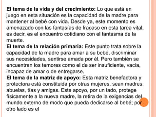 El tema de la vida y del crecimiento: Lo que está en
juego en esta situación es la capacidad de la madre para
mantener al bebé con vida. Desde ya, este momento es
amenazado con las fantasías de fracaso en esta tarea vital,
es decir, es el encuentro cotidiano con el fantasma de la
muerte.
El tema de la relación primaria: Este punto trata sobre la
capacidad de la madre para amar a su bebé, discriminar
sus necesidades, sentirse amada por él. Pero también se
encuentran los temores como el de ser insuficiente, vacía,
incapaz de amar o de entregarse.
El tema de la matriz de apoyo: Esta matriz benefactora y
protectora está constituida por otras mujeres, sean madres,
abuelas, tías y amigas. Este apoyo, por un lado, protege
físicamente a la nueva madre, la retira de la exigencias del
mundo externo de modo que pueda dedicarse al bebé; por
otro lado es el
 