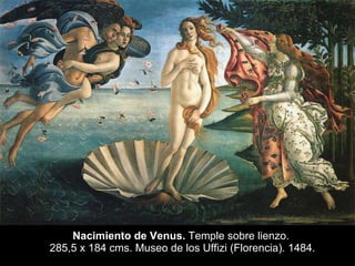 Nacimiento de Venus.  Temple sobre lienzo.   285,5 x 184 cms.   Museo de los Uffizi (Florencia). 1484. 