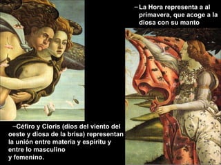Céfiro y Cloris (dios del viento del oeste y diosa de la brisa) representan la unión entre materia y espíritu y entre lo masculino y femenino. La Hora representa a al primavera, que acoge a la diosa con su manto 