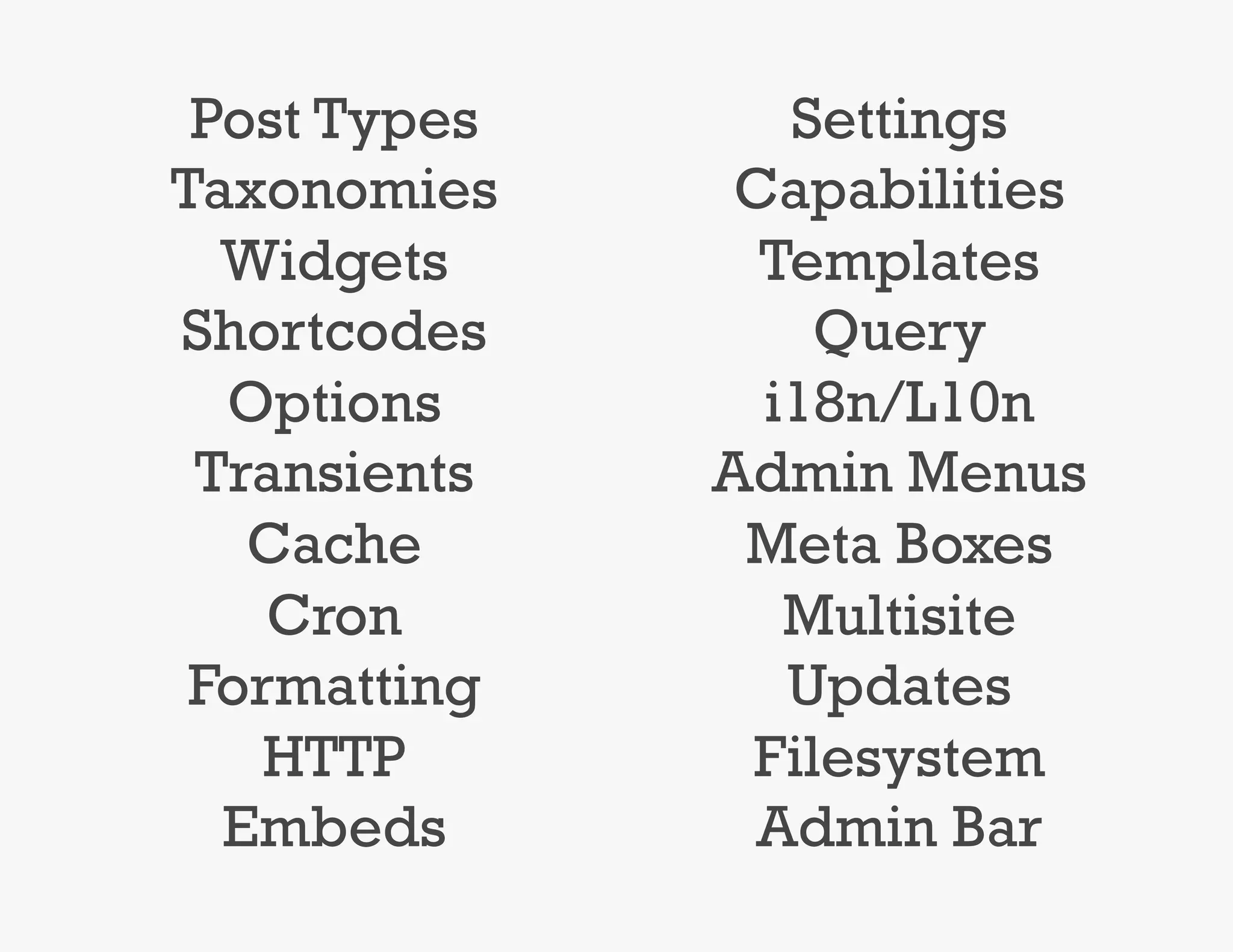 Post Types      Settings
Taxonomies     Capabilities
  Widgets       Templates
Shortcodes        Query
  Options       i18n/L10n
 Transients   Admin Menus
   Cache       Meta Boxes
    Cron         Multisite
 Formatting      Updates
    HTTP       Filesystem
  Embeds       Admin Bar
 