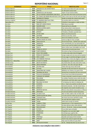 REPERTÓRIO NACIONAL Página 7
INTÉRPRETE CÓDIGO TÍTULO INÍCIO DA LETRA
Antônio Marcos 1618 ORAÇÃO DE UM JOVEM TRISTE Eu tanto ouvia falar em ti por isso hoje
Antônio Marcos 2934 SOU EU Eu não quero nunca mais
Antônio Marcos 4376 SONHOS DE UM PALHAÇO Vejam só que história boba...
Antônio Marcos 6351 SE EU PUDESSE CONVERSAR COM DEUS Eu hoje estou tão triste eu precisava tanto
Antônio Marcos 6919 EU TENHO UM AMOR MELHOR QUE O SEU Todo o amor que eu lhe dei você nem ligou
Antônio Marcos 6939 MENINA DE TRANÇA Desde os tempos de criança você usava
Antony e Gabriel 16290 TE AMANDO MAIS QUE PING... Ela acorda cedo e eu meio-di...
Apocalipse 16 2498 SALMOS 23 E 91 O Senhor é meu pastor e nada me falta
Ara Ketu 3017 ARA KETU BOM DEMAIS Não dá pra esconder
Ara Ketu 3389 SEMPRE SERÁ Gosto de ficar te olhando
Ara Ketu 3586 NOSSA GUERRA SANTA Esse nosso amor é uma loucura
Ara Ketu 3775 TENTAÇÃO No meu corpo ficou a lembrança
Ara Ketu 3893 PIPOCA O Araketu o Araketu quando toca
Ara Ketu 3978 TÁ NA CARA Basta uma brisa da praia
Ara Ketu 3990 AURORA Como eu vou ficar, amor
Ara Ketu 4041 MAL ACOSTUMADO Amor de verdade eu só senti
Ara Ketu 4323 MINHA RAZÃO DE VIVER Como eu digo ao meu coração
Ara Ketu 6060 FACE OCULTA Ô ô ié ié ié ié hum... Sonhei com você será
Ara Ketu 6204 AMANTES Vou caminhando nas ruas pensando em
Ara Ketu 6328 COBERTOR Como é que você foi embora sem dizer pelo
Ara Ketu 6560 VOLTA Amor minha maior felicidade é ver você
Ara Ketu 7260 TOMA LÁ, DÁ CÁ Toma lá dá cá me dá meu troco
Ara Ketu 15366 CARTA BRANCA Por amor eu faço mil loucuras se você
Arlindo Cruz 1412 HOJE TEM SAMBA A minha vida anda triste tô brigado
Arlindo Cruz 1619 PARA DE PARADINHA Se liga no papo xará sem essa você vai quebrar
Arlindo Cruz 15541 MEU LUGAR O meu lugar é caminho de Ogum e Iansã
Arlindo Cruz 15598 VAI EMBORA TRISTEZA O vento traz o cheiro da alegria e avisa que
Arlindo Cruz - Maria Rita 16071 O QUE É O AMOR Se perguntar o que é o amor pra mim
Arlindo Farias 6447 BICHO DO MATO Sou bicho feito do mato não tenho medo
Arlindo Neto 15523 BOM APRENDIZ La laiá la...Vai e diz a ela que não dá
Armandinho 1019 OUTRA VIDA Talvez não seja nessa vida ainda
Armandinho 1281 A FILHA Quando me dá uma louca eu saio pra rua
Armandinho 1322 BABILÔNIA ME CHAMA Babilônia me chama e eu quero ficar
Armandinho 7334 DESENHO DE DEUS Quando Deus te desenhou Ele tava namorando
Armandinho 7365 FOLHA DE BANANEIRA Fuma fuma fuma folha de bananeira
Armandinho 7472 URSINHO DE DORMIR E hoje eu descobri o quanto te quero ursinho
Armandinho 7665 PAULINHA Eu conheci Paulinha numa noite de verão
Armandinho 7700 SENTIMENTO Sentimento você não sabe o que se passa
Armandinho 7909 BALANÇO DA REDE É no balanço da rede é no balanço do
Armandinho 7922 CASINHA Oi oi... Fazer uma casinha no alto do morro
Armandinho 9531 SEMENTE Semente semente... Se não mente fala a
Armandinho 9613 ANALUA De repente uma nuvem encobriu a lua
Armandinho 9843 MORENA NATIVA Morena nativa desde criança passou a infância
Arnaldo Antunes 1591 INVEJOSO O carro do vizinho é muito mais possa
Arnaldo Antunes 15203 A CASA É SUA Não me falta cadeira não me falta sofá
Arnaldo Antunes 15845 DIZEM (QUEM ME DERA) O mundo está bem melhor do que há cem anos
Arnaldo Antunes 16048 A NOSSA CASA Na nossa casa amor-perfeito é mato
Arnaldo Antunes 16297 PÕE FÉ QUE JÁ É Se você não tem medo se você...
Arnaldo Antunes 16330 SAIBA Saiba todo mundo foi neném
Arriba Saia 6614 LIBERA O TÓIM Sequestraram o Toim sequestraram o Toim
Art Popular 3285 VALEU DEMAIS Ai valeu demais valeu valeu demais
Art Popular 3306 BOM BOCADO Ai ai ai... Oh oh oh... Como um bom bocado
Art Popular 3349 UTOPIA Pra se dizer que a emoção
Art Popular 3535 PIMPOLHO Pimpolho é um cara bem legal
Art Popular 3544 TEMPORAL Faz tempo que a gente não...
Art Popular 3582 NANI Quantas vezes Nani tantas vezes Nani
Art Popular 3598 TRAPAÇA Quando você passa tento te dizer
Art Popular 3797 FRICOTE Você é meu amor te quero de novo
Art Popular 3845 IRAÊ Vejo você me olhar ah, que olhar
Art Popular 3953 PÉTALAS DE ROSAS ah ah... Desejo de amor eu vou te amar
ESCOLHA A SUA CANÇÃO E BOA SORTE !
 