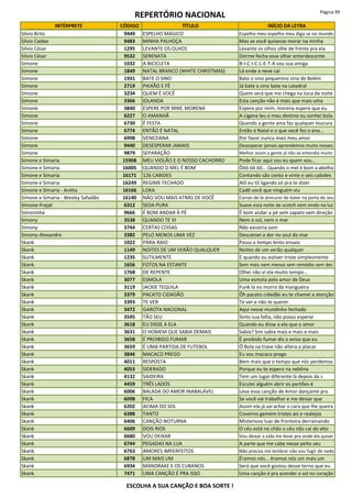 REPERTÓRIO NACIONAL Página 99
INTÉRPRETE CÓDIGO TÍTULO INÍCIO DA LETRA
Sílvio Brito 9449 ESPELHO MÁGICO Espelho meu espelho meu diga se no mundo
Silvio Caldas 9483 MINHA PALHOÇA Mas se você quisesse morar na minha
Silvio César 1295 LEVANTE OS OLHOS Levante os olhos olhe de frente pra ela
Silvio César 9532 SERENATA Dorme fecha esse olhar entardescente
Simone 1032 A BICICLETA B-I-C-I-C-L-E-T-A sou sua amiga
Simone 1849 NATAL BRANCO (WHITE CHRISTMAS) Lá onde a neve cai
Simone 1931 BATE O SINO Bate o sino pequenino sino de Belém
Simone 2719 PAIXÃO E FÉ Já bate o sino bate na catedral
Simone 3234 QUEM É VOCÊ Quem será que me chega na toca da noite
Simone 3366 IOLANDA Esta canção não é mais que mais uma
Simone 3840 ESPERE POR MIM, MORENA Espere por mim, morena espere que eu
Simone 6227 O AMANHÃ A cigana leu o meu destino eu sonhei bola
Simone 6730 É FESTA Quando a gente ama faz qualquer loucura
Simone 6774 ENTÃO É NATAL Então é Natal e o que você fez o ano...
Simone 6998 VENEZIANA Por favor nunca mais meu amor
Simone 9440 DESESPERAR JAMAIS Desesperar jamais aprendemos muito nesses
Simone 9879 SEPARAÇÃO Melhor assim a gente já não se entendia muito
Simone e Simaria 15908 MEU VIOLÃO E O NOSSO CACHORRO Pode ficar aqui sou eu quem vou...
Simone e Simaria 16005 QUANDO O MEL É BOM Ôôô ôô ôô... Quando o mel é bom a abelha
Simone e Simaria 16171 126 CABIDES Contando são cento e vinte e seis cabides
Simone e Simaria 16249 REGIME FECHADO Alô eu tô ligando só pra te dizer
Simone e Simaria - Anitta 16166 LOKA Cadê você que ninguém viu
Simone e Simaria - Wesley Safadão 16140 NÃO VOU MAIS ATRÁS DE VOCÊ Cansei de te procurar de bater na porta do seu
Simone-Frejat 6312 SEDA PURA Suave esta noite de scotch vem vindo na luz
Simoninha 9666 É BOM ANDAR À PÉ É bom andar a pé sem sapato sem direção
Simony 3538 QUANDO TE VI Nem o sol, nem o mar
Simony 3744 CERTAS COISAS Não existiria som
Simony-Alexandre 3382 PELO MENOS UMA VEZ Descansei a dor no azul do mar
Skank 1022 PÁRA-RAIO Passa o tempo lento ensaio
Skank 1149 NOITES DE UM VERÃO QUALQUER Noites de um verão qualquer
Skank 1235 SUTILMENTE E quando eu estiver triste simplesmente
Skank 1656 FOTOS NA ESTANTE Sem mais nem menos sem remédio sem des
Skank 1768 DE REPENTE Olhei não vi ela muito tempo...
Skank 3077 ESMOLA Uma esmola pelo amor de Deus
Skank 3119 JACKIE TEQUILA Funk lá no morro da mangueira
Skank 3379 PACATO CIDADÃO Ôh pacato cidadão eu te chamei a atenção
Skank 3393 TE VER Te ver e não te querer
Skank 3472 GAROTA NACIONAL Aqui nesse mundinho fechado
Skank 3595 TÃO SEU Sinto sua falta, não posso esperar
Skank 3618 EU DISSE A ELA Quando eu disse a ela que o amor
Skank 3631 O HOMEM QUE SABIA DEMAIS Sabia? Sim sabia mais e mais e mais
Skank 3658 É PROIBIDO FUMAR É proibido fumar diz o aviso que eu
Skank 3659 É UMA PARTIDA DE FUTEBOL Ô Bola na trave não altera o placar
Skank 3846 MACACO PREGO Eu sou macaco prego
Skank 4011 RESPOSTA Bem mais que o tempo que nós perdemos
Skank 4053 SIDERADO Porque eu te espero na neblina
Skank 4132 SAIDEIRA Tem um lugar diferente lá depois da s
Skank 4459 TRÊS LADOS Escutei alguém abrir os portões é
Skank 6006 BALADA DO AMOR INABALÁVEL Leva essa canção de Amor dançante pra
Skank 6098 FICA Se você vai trabalhar e me deixar que
Skank 6202 ACIMA DO SOL Assim ela já vai achar o cara que lhe queira
Skank 6388 TANTO Coveiros gemem tristes ais e realejos
Skank 6406 CANÇÃO NOTURNA Misterioso luar de fronteira derramando
Skank 6609 DOIS RIOS O céu está no chão o céu não cai do alto
Skank 6680 VOU DEIXAR Vou deixar a vida me levar pra onde ela quiser
Skank 6744 PEGADAS NA LUA A parte que me cabe nesse peito seu
Skank 6763 AMORES IMPERFEITOS Não precisa me lembrar não vou fugir de nada
Skank 6878 UM MAIS UM Éramos nós... éramos nós um mais um
Skank 6934 MANDRAKE E OS CUBANOS Será que você gostou desse terno que eu
Skank 7471 UMA CANÇÃO É PRA ISSO Uma canção é pra acender o sol no coração
ESCOLHA A SUA CANÇÃO E BOA SORTE !
 
