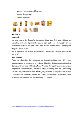 •   quesos ( sándwich y doble crema)
    •   trocitos de pechuga
    •   costilla ahumada




MERCADO
Nacional:
La casa matriz de Compañía inveralimenticias Noel S.A. está ubicada en
Medellín, Antioquia. Igualmente, cuenta con sedes de distribución en las
principales ciudades del país, como son Bogotá, Bucaramanga, Barranquilla,
Ibagué, Pereira y Cali.
En la actualidad son líderes en el mercado colombiano con una participación
del 57%.5
Internacional:
Fuera de Colombia, los productos de inveralimenticias Noel S.A y sus
representantes se encuentran en más de 85 países de la Comunidad Andina,
Centro América, Islas del Caribe, Norte América (Principalmente, la comunidad
hispana en Estados Unidos), Mercosur, África, Europa y Asia. En Venezuela y
Ecuador los productos Noel se distribuyen por medio de empresas en las que
Compañía de Galletas Noel S.A.S tiene participación accionaria como
Industrias Alimenticias Noel de Venezuela y Cordialsa.




5
http://www.industriaalimenticia.com/articles/compania-de-galletas-noel

                                                                           11
 
