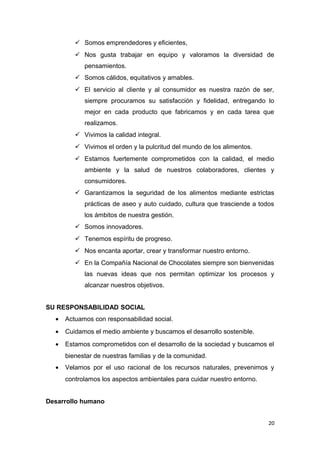  Somos emprendedores y eficientes,
          Nos gusta trabajar en equipo y valoramos la diversidad de
            pensamientos.
          Somos cálidos, equitativos y amables.
          El servicio al cliente y al consumidor es nuestra razón de ser,
            siempre procuramos su satisfacción y fidelidad, entregando lo
            mejor en cada producto que fabricamos y en cada tarea que
            realizamos.
          Vivimos la calidad integral.
          Vivimos el orden y la pulcritud del mundo de los alimentos.
          Estamos fuertemente comprometidos con la calidad, el medio
            ambiente y la salud de nuestros colaboradores, clientes y
            consumidores.
          Garantizamos la seguridad de los alimentos mediante estrictas
            prácticas de aseo y auto cuidado, cultura que trasciende a todos
            los ámbitos de nuestra gestión.
          Somos innovadores.
          Tenemos espíritu de progreso.
          Nos encanta aportar, crear y transformar nuestro entorno.
          En la Compañía Nacional de Chocolates siempre son bienvenidas
            las nuevas ideas que nos permitan optimizar los procesos y
            alcanzar nuestros objetivos.


SU RESPONSABILIDAD SOCIAL
  •   Actuamos con responsabilidad social.
  •   Cuidamos el medio ambiente y buscamos el desarrollo sostenible.
  •   Estamos comprometidos con el desarrollo de la sociedad y buscamos el
      bienestar de nuestras familias y de la comunidad.
  •   Velamos por el uso racional de los recursos naturales, prevenimos y
      controlamos los aspectos ambientales para cuidar nuestro entorno.


Desarrollo humano


                                                                          20
 