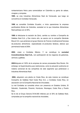 norteamericana Heinz para comercializar en Colombia su gama de salsas,
vinagres y compotas.
1995, se crea Industrias Alimenticias Noel de Venezuela, que luego se
convertiría en Cordialsa Venezuela.


1996 se consolida Cordialsa Ecuador, e inicia operaciones la empresa
panificadora Bimbo de Colombia, sociedad en la que Industrias Alimenticias
Noel participa con el 40%.


1999 al efectuarse la escisión de Zenú, cambia su nombre a Compañía de
Galletas Noel S.A. y Ese mismo año, se asocia con la compañía Générale
Biscuit S.A. que pertenece al grupo Danone de Francia (multinacional francesa
de productos alimenticios especializada en productos lácteos), alianza que
permaneció hasta el 2004.


2002,   crean    a     Cordialsa   México.   Y   se   constituye   la   sociedad
Inveralimenticias Noel S.A., con participación de los negocios de golosinas,
cárnicos y galletas.


2003Adquiere el 100% de la empresa de carnes procesadas Rica Rondo. Sin
embargo, la Superindustria puso restricciones, como la actuación autónoma en
materia comercial de las compañías de este segmento que pertenecen a
Industrias Alimenticias Noel.


2004, adquieren una planta en Costa Rica, de esta manera se constituye
Compañía de Galletas Noel Costa Rica S.A., y Cordialsa Costa Rica, en
asociación con la Compañía Nacional de Chocolates.
La red Cordialsa se consolida ahora con presencia en Estados Unidos, El
Salvador, Guatemala, Panamá, Honduras, Nicaragua, Costa Rica y Puerto
Rico.
Se le dio al Grupo Danone $134.000 millones por el 30% de Galletas Noel,
compradas por la compañía nacional de chocolates.




                                                                               6
 