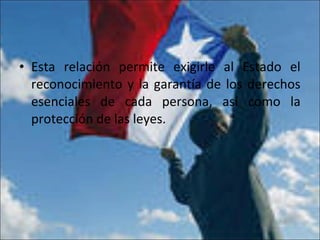 • Esta relación permite exigirle al Estado el
reconocimiento y la garantía de los derechos
esenciales de cada persona, así como la
protección de las leyes.
 