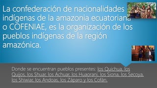 La confederación de nacionalidades
indígenas de la amazonia ecuatoriana
o COFENIAE, es la organización de los
pueblos indí...