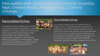 Estos pueblos están ubicados en las provincias de Sucumbíos,
Napo, Orellana, Pastaza, Morona Santiago, y Zamora
Chinchipe....
