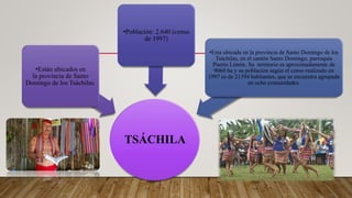 TSÁCHILA
•Están ubicados en
la provincia de Santo
Domingo de los Tsáchilas.
•Población: 2.640 (censo
de 1997)
•Esta ubicada en la provincia de Santo Domingo de los
Tsáchilas, en el cantón Santo Domingo, parroquia
Puerto Limón. Su territorio es aproximadamente de
9060 ha y su población según el censo realizado en
1997 es de 21394 habitantes, que se encuentra agrupada
en ocho comunidades.
 