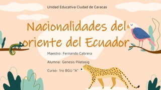 Nacionalidades del
oriente del Ecuador
Maestro: Fernando Cabrera
Alumna: Genesis Pilatasig
Curso: 1ro BGU “A”
Unidad Educativa Ciudad de Caracas
 