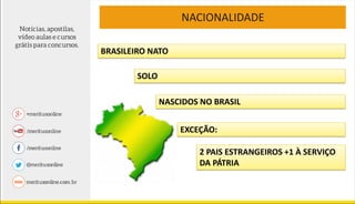 NACIONALIDADE
BRASILEIRO NATO
SOLO
NASCIDOS NO BRASIL
EXCEÇÃO:
2 PAIS ESTRANGEIROS +1 À SERVIÇO
DA PÁTRIA
 