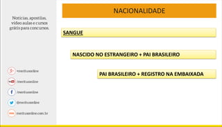 NACIONALIDADE
NASCIDO NO ESTRANGEIRO + PAI BRASILEIRO
PAI BRASILEIRO + REGISTRO NA EMBAIXADA
SANGUE
 