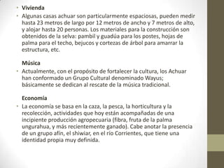 • Vivienda
• Algunas casas achuar son particularmente espaciosas, pueden medir
hasta 23 metros de largo por 12 metros de ancho y 7 metros de alto,
y alojar hasta 20 personas. Los materiales para la construcción son
obtenidos de la selva: pambil y guadúa para los postes, hojas de
palma para el techo, bejucos y cortezas de árbol para amarrar la
estructura, etc.
Música
• Actualmente, con el propósito de fortalecer la cultura, los Achuar
han conformado un Grupo Cultural denominado Wayus;
básicamente se dedican al rescate de la música tradicional.
Economía
• La economía se basa en la caza, la pesca, la horticultura y la
recolección, actividades que hoy están acompañadas de una
incipiente producción agropecuaria (fibra, fruta de la palma
ungurahua, y más recientemente ganado). Cabe anotar la presencia
de un grupo afín, el shiwiar, en el río Corrientes, que tiene una
identidad propia muy definida.
 