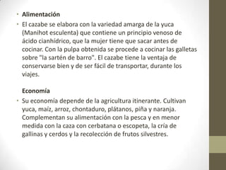 • Alimentación
• El cazabe se elabora con la variedad amarga de la yuca
(Manihot esculenta) que contiene un principio venoso de
ácido cianhídrico, que la mujer tiene que sacar antes de
cocinar. Con la pulpa obtenida se procede a cocinar las galletas
sobre "la sartén de barro". El cazabe tiene la ventaja de
conservarse bien y de ser fácil de transportar, durante los
viajes.
Economía
• Su economía depende de la agricultura itinerante. Cultivan
yuca, maíz, arroz, chontaduro, plátanos, piña y naranja.
Complementan su alimentación con la pesca y en menor
medida con la caza con cerbatana o escopeta, la cría de
gallinas y cerdos y la recolección de frutos silvestres.
 