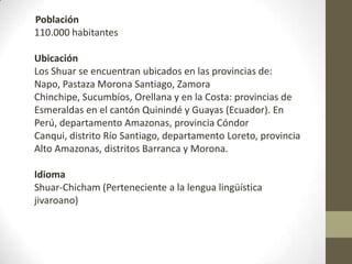 Población
110.000 habitantes
Ubicación
Los Shuar se encuentran ubicados en las provincias de:
Napo, Pastaza Morona Santiago, Zamora
Chinchipe, Sucumbíos, Orellana y en la Costa: provincias de
Esmeraldas en el cantón Quinindé y Guayas (Ecuador). En
Perú, departamento Amazonas, provincia Cóndor
Canqui, distrito Río Santiago, departamento Loreto, provincia
Alto Amazonas, distritos Barranca y Morona.
Idioma
Shuar-Chicham (Perteneciente a la lengua lingüística
jivaroano)
 