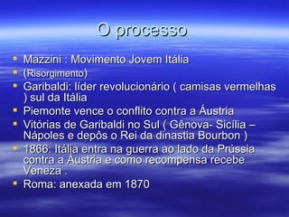 O processo
   Mazzini : Movimento Jovem Itália
   (Risorgimento)
   Garibaldi: líder revolucionário ( camisas vermelhas
    ) sul da Itália
   Piemonte vence o conflito contra a Áustria
   Vitórias de Garibaldi no Sul ( Gênova- Sicília –
    Nápoles e depôs o Rei da dinastia Bourbon )
   1866: Itália entra na guerra ao lado da Prússia
    contra a Áustria e como recompensa recebe
    Veneza .
   Roma: anexada em 1870
 
