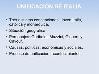 UNIFICACIÓN DE ITALIA

Tres distintas concepciones: Joven Italia,
católica y monárquica.

Situación geográfica.

Personajes: Garibaldi, Mazzini, Gioberti y
Cavour.

Causas: políticas, económicas y sociales.

Proceso de unificación: acontecimientos.
 