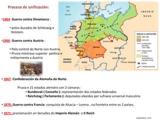 •1864: Guerra contra Dinamarca :

     • polos ducados de Schleswig e
      Holstein.

•1866: Guerra contra Austria :

     • Polo control do Norte con Austria.
     • Prusia móstrase superior política e
      militarmente a Austria
                                                                                     Fonte: Kalipedia




              Batalla de Sadowa ( 1866 )

• 1867: Confederación da Alemaña do Norte:

           Prusia e 21 estados alemáns con 2 cámaras:
                 • Bundesrat ( Consello ): representación dos estados federados
                 • Reichstag ( Parlamento ): deputados elexidos por sufraxio universal masculino

• 1870: Guerra contra Francia: conquista de Alsacia – Lorena , na fronteira entre os 2 países.

• 1871: proclamación en Versalles do Imperio Alemán: o II Reich
                                                                                                        viaxeaitaca..com
 