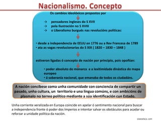 Os cambios ideolóxicos propostos por

                     →    pensadores ingleses do S XVII
                     →    pola Ilustración no S XVIII
                     →    o Liberalismo burgués nas revolucións políticas:


                • desde a independencia de EEUU en 1776 ou a Rev Francesa de 1789
                • ata as vagas revolucionarias do S XIX ( 1820 – 1830 – 1848 )


                estiveron ligadas ó concepto de nación por principio, pois opoñían:

                     • poder absoluto do monarca e a lexitimidade dinástica do mapa
                     europeo
                     • á soberanía nacional, que emanaba de todos os ciudadáns.

 A nación concíbese coma unha comunidade con conciencia de compartir un
 pasado, unha cultura, un territorio e una lingua comúns, e con ambicións de
    plasmalo no terreo político mediante a súa identificación cun Estado.

Unha corriente xeralizada en Europa coincide en apelar ó sentimento nacional para buscar
a independencia fronte ó poder dos Imperios e intentar salvar os obstáculos para acadar ou
reforzar a unidade política da nación.
                                                                                      viaxeaitaca..com
 