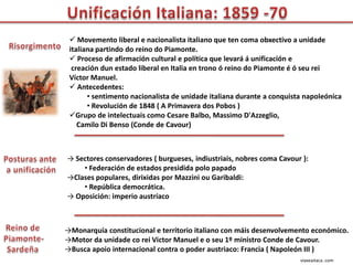  Movemento liberal e nacionalista italiano que ten coma obxectivo a unidade
 italiana partindo do reino do Piamonte.
  Proceso de afirmación cultural e política que levará á unificación e
  creación dun estado liberal en Italia en trono ó reino do Piamonte é ó seu rei
 Víctor Manuel.
  Antecedentes:
       • sentimento nacionalista de unidade italiana durante a conquista napoleónica
       • Revolución de 1848 ( A Primavera dos Pobos )
 Grupo de intelectuais como Cesare Balbo, Massimo D'Azzeglio,
    Camilo Di Benso (Conde de Cavour)



→ Sectores conservadores ( burgueses, indiustriais, nobres coma Cavour ):
    • Federación de estados presidida polo papado
→Clases populares, dirixidas por Mazzini ou Garibaldi:
    • República democrática.
→ Oposición: imperio austríaco



→Monarquía constitucional e territorio italiano con máis desenvolvemento económico.
→Motor da unidade co rei Victor Manuel e o seu 1º ministro Conde de Cavour.
→Busca apoio internacional contra o poder austriaco: Francia ( Napoleón III )
                                                                       viaxeaitaca..com
 