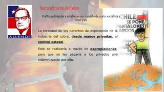 Nacionalización del cobre 
Políticas dirigidas a establecer un modelo de corte socialista a 
nivel país 
La totalidad de los derechos de explotación de la 
industria del cobre, desde manos privadas, al 
control estatal. 
Esta se realizaría a través de expropiaciones, 
pero que se les pagaría a los privados una 
indemnización por ello. 
 