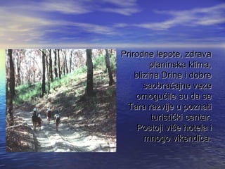 Prirodne lepote, zdravaPrirodne lepote, zdrava
planinska klima,planinska klima,
blizina Drine i dobreblizina Drine i dobre
saobrasaobraććajne vezeajne veze
omoguomoguććile su da seile su da se
Tara razvije u poznatiTara razvije u poznati
turistiturističčki centar.ki centar.
Postoji viPostoji višše hotela ie hotela i
mnogo vikendica.mnogo vikendica.
 