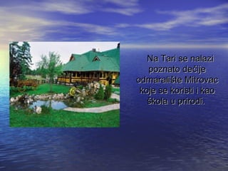 Na Tari se nalaziNa Tari se nalazi
poznato depoznato deččijeije
odmaraliodmarališšte Mitrovacte Mitrovac
kojkojee se koristi i kaose koristi i kao
šškola u prirodi.kola u prirodi.
 