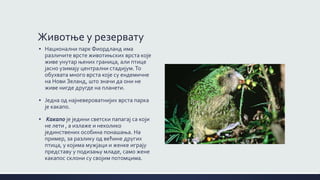 Животње у резервату
▪ Национални парк Фиордланд има
различите врсте животињских врста које
живе унутар њених граница, али птице
јасно узимају централни стадијум.То
обухвата много врста које су ендемичне
на Нови Зеланд, што значи да они не
живе нигде другде на планети.
▪ Једна од најневероватнијих врста парка
је какапо.
▪ Какапо је једини светски папагај са који
не лети , а излаже и неколико
јединствених особина понашања. На
пример, за разлику од већине других
птица, у којима мужјаци и женке играју
представу у подизању младе, само жене
какапос склони су својим потомцима.
 