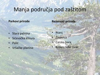 Manja područja pod zaštitom
Parkovi prirode
• Stara palnina
• Sićevačka klisura
• Palić
• Vršačke planine
Rezervati prirode
• Rtanj
• Zasavica
• Carska bara
• Klisura reke Uvac
 