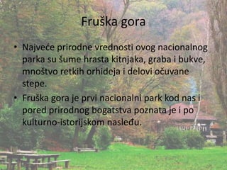 Fruška gora
• Najveće prirodne vrednosti ovog nacionalnog
parka su šume hrasta kitnjaka, graba i bukve,
mnoštvo retkih orhideja i delovi očuvane
stepe.
• Fruška gora je prvi nacionalni park kod nas i
pored prirodnog bogatstva poznata je i po
kulturno-istorijskom nasleđu.
 