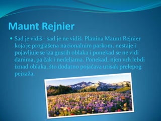 Maunt Rejnier
 Sad je vidiš - sad je ne vidiš. Planina Maunt Rejnier
  koja je proglašena nacionalnim parkom, nestaje i
  pojavljuje se iza gustih oblaka i ponekad se ne vidi
  danima, pa čak i nedeljama. Ponekad, njen vrh lebdi
  iznad oblaka, što dodatno pojačava utisak prelepog
  pejzaža.
 