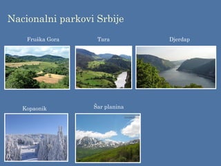 Nacionalni parkovi Srbije
Tara
Fruška Gora Djerdap
Kopaonik Šar planina
 