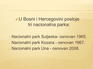  U Bosni i Hercegovini postoje
tri nacionalna parka:
o Nacionalni park Sutjeska- osnovan 1965.
o Nacionalni park Kozara - osnovan 1967.
o Nacionalni park Una - osnovan 2008.
 