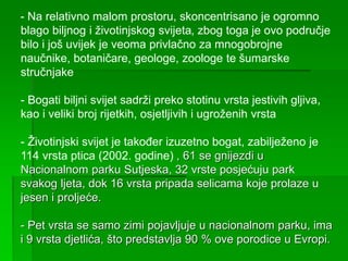 - Na relativno malom prostoru, skoncentrisano je ogromno
blago biljnog i životinjskog svijeta, zbog toga je ovo područje
bilo i još uvijek je veoma privlačno za mnogobrojne
naučnike, botaničare, geologe, zoologe te šumarske
stručnjake
- Bogati biljni svijet sadrži preko stotinu vrsta jestivih gljiva,
kao i veliki broj rijetkih, osjetljivih i ugroženih vrsta
- Životinjski svijet je također izuzetno bogat, zabilježeno je
114 vrsta ptica (2002. godine) , 61 se gnijezdi u
Nacionalnom parku Sutjeska, 32 vrste posjećuju park
svakog ljeta, dok 16 vrsta pripada selicama koje prolaze u
jesen i proljeće.
- Pet vrsta se samo zimi pojavljuje u nacionalnom parku, ima
i 9 vrsta djetlića, što predstavlja 90 % ove porodice u Evropi.
 