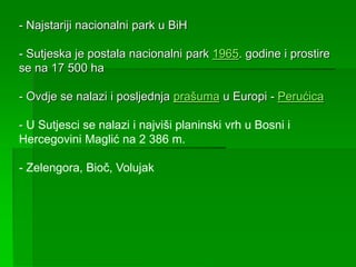 - Najstariji nacionalni park u BiH
- Sutjeska je postala nacionalni park 1965. godine i prostire
se na 17 500 ha
- Ovdje se nalazi i posljednja prašuma u Europi - Perućica
- U Sutjesci se nalazi i najviši planinski vrh u Bosni i
Hercegovini Maglić na 2 386 m.
- Zelengora, Bioč, Volujak
 