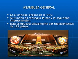 ASAMBLEA GENERAL Es el principal órgano de la ONU. Su función es conseguir la paz y la seguridad internacionales. Está compuesta actualmente por representantes de 192 países. 