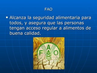 FAO Alcanza la seguridad alimentaria para todos, y asegura que las personas tengan acceso regular a alimentos de buena calidad. 