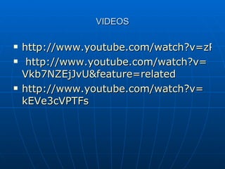 VIDEOS http://www.youtube.com/watch?v=zRy2eBY-2hQ&feature=fvst http:// www.youtube.com / watch?v = Vkb7NZEjJvU & feature = related   http:// www.youtube.com / watch?v = kEVe3cVPTFs   