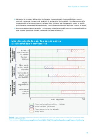 Medidas adoptadas por los países contra
la contaminación atmosférica
Normas de
emisiones de
vehículos
Contenido de
azufre en el
combustible
Acceso a
combustibles
no sólidos
Estufas y
cocinas
Normas de
calidad
del aire
Leyes y
reglamentos
Núm. de países0 193
Países que han aplicado políticas y medidas
Países que están aplicándolas
Países que aún no las han aplicado
No hay datos
CONTAMINACIÓNDEL
AIREENLUGARES
CERRADOS
COMBUSTIBLES
YVEHÍCULOS
LEYESY
REGLAMENTOSSOBRE
CALIDADDEAIRE
Hacia un planeta sin contaminación
10
34	 Las Metas de Aichi para la Diversidad Biológica del Convenio sobre la Diversidad Biológica instan a
reducir la contaminación para frenar la pérdida de la diversidad biológica de la Tierra. La cuestión de la
contaminación de las zonas costeras y del agua dulce, problema que afecta a varios países, se aborda
principalmente mediante iniciativas regionales, como convenios marítimos regionales y planes de acción.
35	 En respuesta a esos y otros acuerdos, casi todos los países han adoptado marcos normativos y jurídicos a
nivel nacional para luchar contra la contaminación (véase el gráfico III).
Gráfico III Fuente: Programa de las Naciones Unidas para el Medio Ambiente, “Actions on air quality: policies and programmes for improving air quality
around the world” (Nairobi, 2016).
Puede consultarse en https://wedocs.unep.org/bitstream/handle/20.500.11822/17203/AQ_GlobalReport_Summary.pdf?sequence=1&isAllowed=y.
 