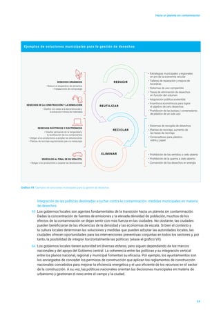 Ejemplos de soluciones municipales para la gestión de desechos
Figure 5
• Estrategias municipales y regionales
en pro de la economía circular
• Talleres de reparación y mejora de
bicicletas
• Sistemas de uso compartido
• Tasas de eliminación de desechos
en función del volumen
• Adquisición pública sostenible
• Incentivos económicos para lograr
el objetivo de cero desechos
• Prohibición de las bolsas y contenedores
de plástico de un solo uso
DESECHOS ORGÁNICOS
• Reducir el desperdicio de alimentos
• Instalaciones de compostaje
• Sistemas de recogida de desechos
• Plantas de reciclaje; aumento de
las tasas de reciclaje
• Contenedores para plástico,
vidrio y papel
• Prohibición de los vertidos a cielo abierto
• Prohibición de la quema a cielo abierto
• Conversión de los desechos en energía
REDUCIR
REUTILIZAR
RECICLAR
ELIMINAR
DESECHOS ELÉCTRICOS Y ELECTRÓNICOS
• Diseñar pensando en la longevidad y
la reutilización de los componentes
• Obligar a los productores a aceptar las devoluciones
• Plantas de reciclaje regularizadas para la metalurgia
VEHÍCULOS AL FINAL DE SU VIDA ÚTIL
• Obligar a los productores a aceptar las devoluciones
DESECHOS DE LA CONSTRUCCIÓN Y LA DEMOLICIÓN
• Diseñar con vistas a la deconstrucción y
la extracción minera de materiales
Hacia un planeta sin contaminación
24
Integración de las políticas destinadas a luchar contra la contaminación: medidas municipales en materia
de desechos
65	 Los gobiernos locales son agentes fundamentales de la transición hacia un planeta sin contaminación.
Dadas la concentración de fuentes de emisiones y la elevada densidad de población, muchos de los
efectos de la contaminación se dejan sentir con más fuerza en las ciudades. No obstante, las ciudades
pueden beneficiarse de las eficiencias de la densidad y las economías de escala. Si bien el contexto y
la cultura locales determinan las soluciones y medidas que pueden adoptar las autoridades locales, las
ciudades ofrecen oportunidades para las intervenciones preventivas conjuntas en todos los sectores y, por
tanto, la posibilidad de integrar horizontalmente las políticas (véase el gráfico VII).
66	 Los gobiernos locales tienen autoridad en diversas esferas, pero siguen dependiendo de los marcos
nacionales y del apoyo del Gobierno central. La coherencia entre las políticas y su integración vertical
entre los planos nacional, regional y municipal fomentan su eficacia. Por ejemplo, los ayuntamientos son
los encargados de conceder los permisos de construcción que aplican los reglamentos de construcción
nacionales concebidos para mejorar la eficiencia energética y el uso eficiente de los recursos en el sector
de la construcción. A su vez, las políticas nacionales orientan las decisiones municipales en materia de
urbanismo y gestionan el nexo entre el campo y la ciudad.
Gráfico VII Ejemplos de soluciones municipales para la gestión de desechos
 